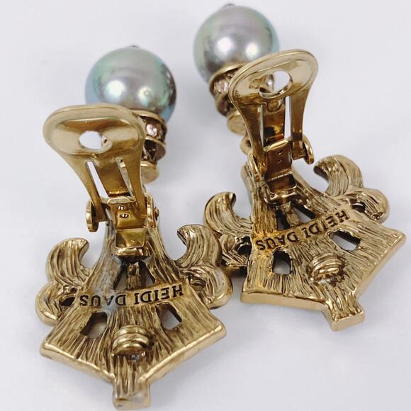 Signed Heidi Daus Gold Tone Crystal Pearl Drop Clip On Earrings VTG Swarovski? - Picture 9 of 17